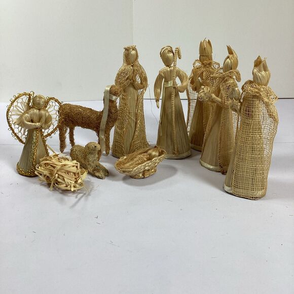Christmas Nativity Set Handmade Raffia Straw 10 Pc Set Philippines Handcrafted - Picture 1 of 9
